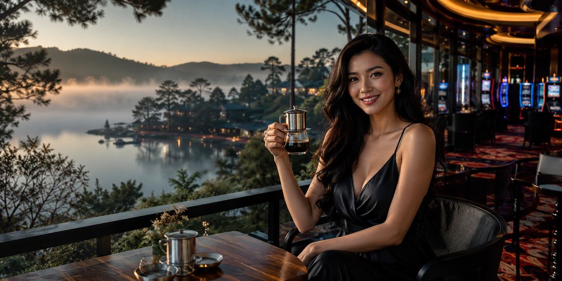 Người dùng tại Đà Lạt ngồi quán cà phê mát mẻ và sử dụng điện thoại truy cập nền tảng giải trí trực tuyến